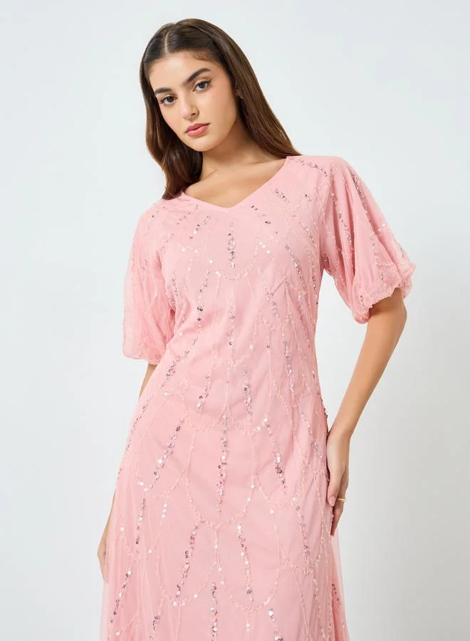 Styli Women Peach Embellished Mesh Maxi Dress